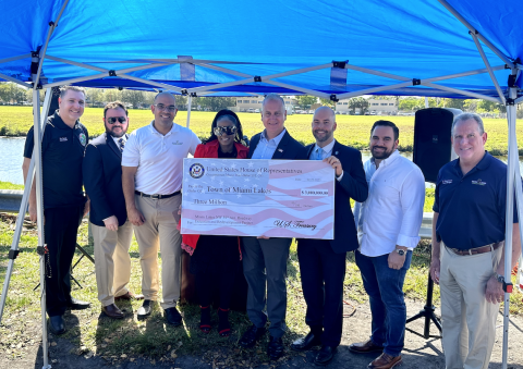From left to right: Councilman Ray Garcia, Miami Lakes Deputy Town Attorney Lorenzo Cobiella, Miami Lakes Director of Public Works Omar Santos, Miami Lakes Grants and Government Affairs Manager Renee Wilson, Congressman Mario Diaz-Balart, Miami Lakes Mayor Manny Cid, Councilman Josh Dieguez, Town Manager Edward Pidermann.