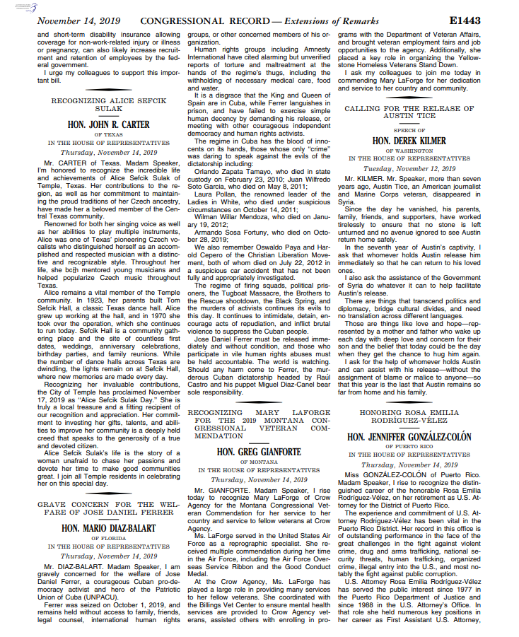 Congressional Record E1443, November 14, 2019
