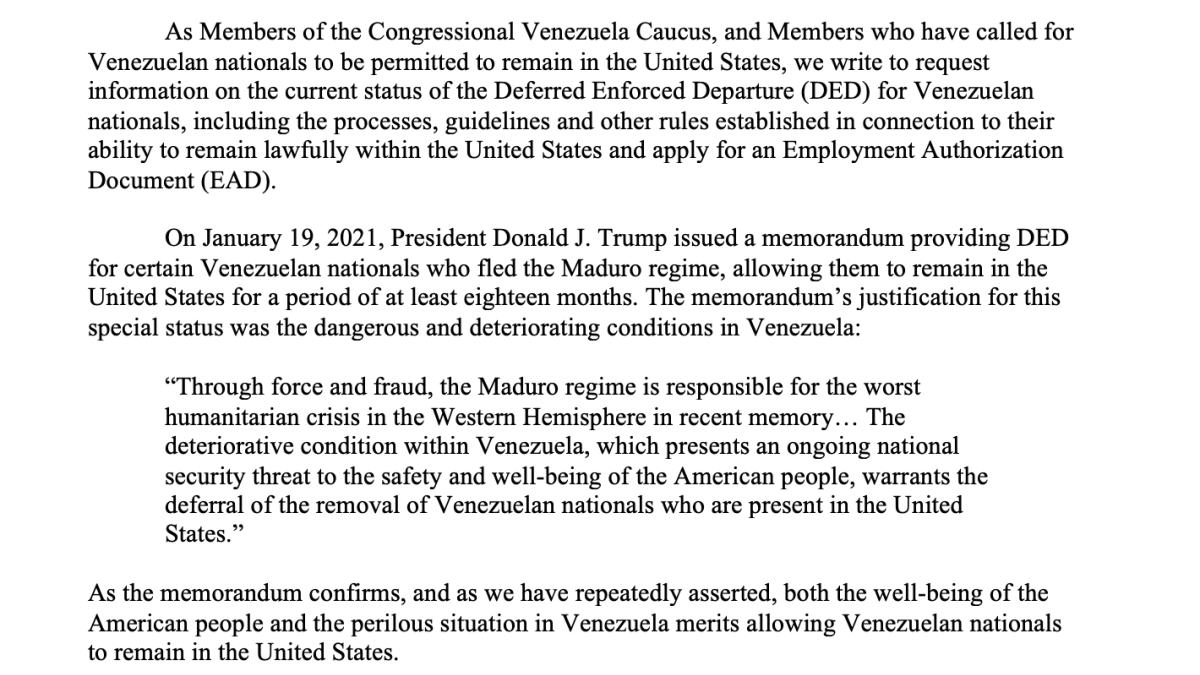 Screenshot of Diaz-Balart, Colleagues Request Information on the Deferred Enforced Departure (DED) for Venezuelans